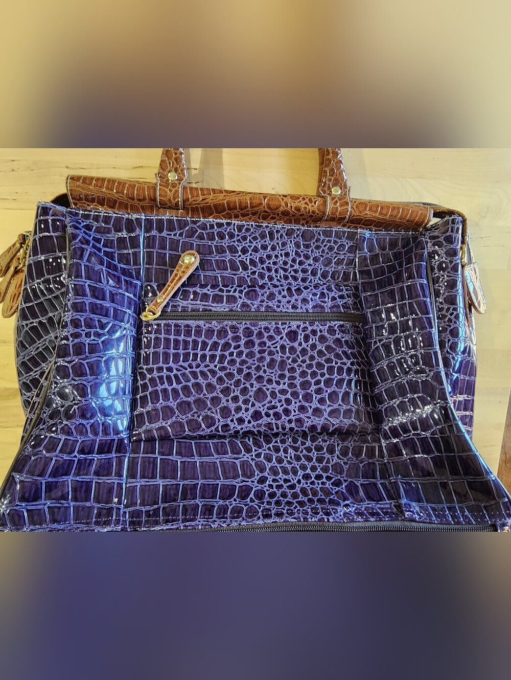 Samantha Brown | Croc-Embossed Patent Satchel / Travel Tote Bag | Purple - Picture 5 of 6